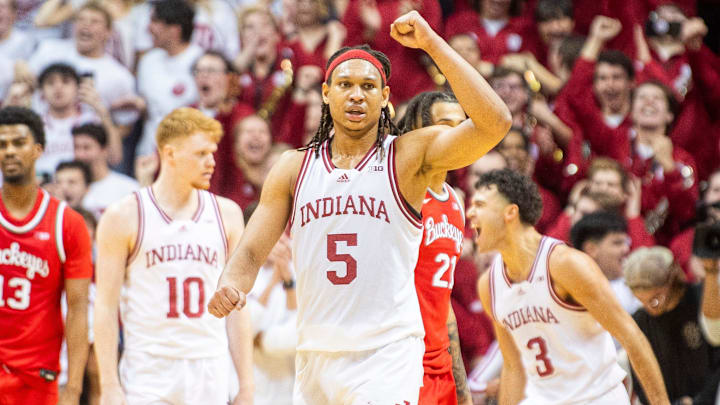 Indiana's Malik Reneau (5) celebrates against Ohio State at Simon Skjodt Assembly Hall.