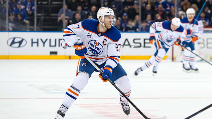 Mar 16, 2025; New York, New York, USA; Edmonton Oilers center Connor McDavid (97) skates against the New York Rangers during the third period at Madison Square Garden. Mandatory Credit: Danny Wild-Imagn Images