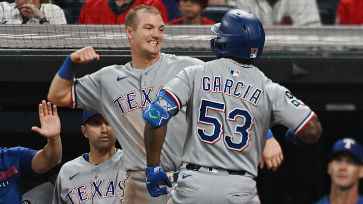 Texas Rangers third baseman Josh Jung (left).