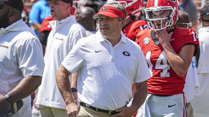 Sep 7, 2024; Athens, Georgia, USA; Georgia Bulldogs head coach Kirby Smart shown on the field during pregame warmup prior to the game against the Tennessee Tech Golden Eagles at Sanford Stadium. Mandatory Credit: Dale Zanine-Imagn Images