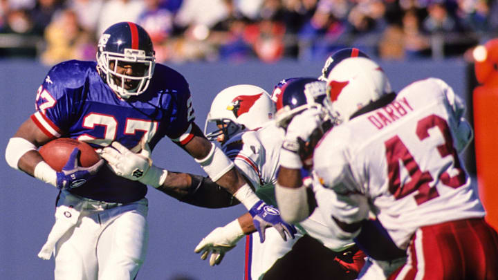 Nov 3, 1996; East Rutherford, NJ, USA; FILE PHOTO; New York Giants running back Rodney Hampton (27) in action against the Arizona Cardinals at Giants Stadium. Nov 3, 1996; East Rutherford, NJ, USA; FILE PHOTO; New York Giants running back Rodney Hampton (27) in action against the Arizona Cardinals at Giants Stadium.