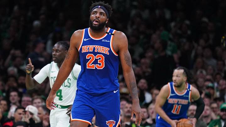 May 5, 2025; Boston, Massachusetts, USA; New York Knicks center Mitchell Robinson (23) returns up court against the Boston Celtics in the second quarter during game one of the second round for the 2025 NBA Playoffs at TD Garden. Mandatory Credit: David Butler II-Imagn Images May 5, 2025; Boston, Massachusetts, USA; New York Knicks center Mitchell Robinson (23) returns up court against the Boston Celtics in the second quarter during game one of the second round for the 2025 NBA Playoffs at TD Garden. Mandatory Credit: David Butler II-Imagn Images