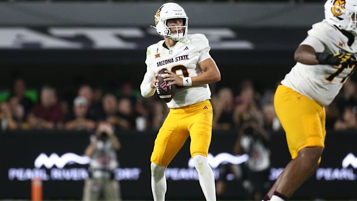 Sep 6, 2025; Starkville, Mississippi, USA; Arizona State Sun Devils quarterback Sam Leavitt (10) drops back to pass during the third quarter against the Mississippi State Bulldogs at Davis Wade Stadium at Scott Field. Mandatory Credit: Petre Thomas-Imagn Images