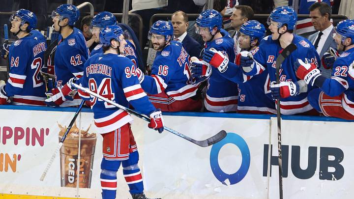 Apr 4, 2026; New York, New York, USA; New York Rangers right wing Gabe Perreault (94) celebrates his hat trick against the Detroit Red Wings during the third period at Madison Square Garden. Mandatory Credit: Danny Wild-Imagn Images