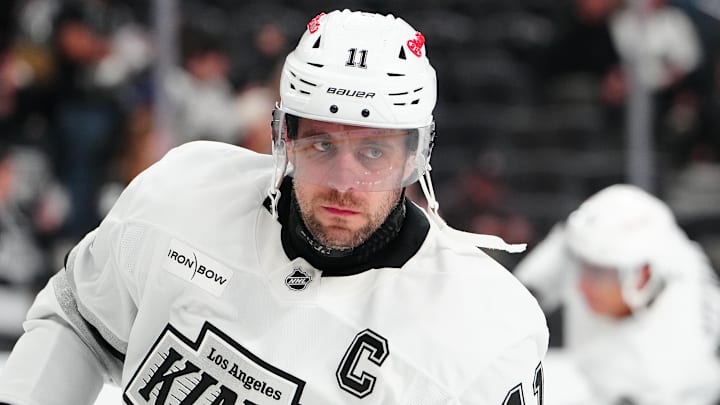 Feb 5, 2026; Las Vegas, Nevada, USA; Los Angeles Kings center Anze Kopitar (11) warms up before the start of a game against the Vegas Golden Knights at T-Mobile Arena. Mandatory Credit: Stephen R. Sylvanie-Imagn Images