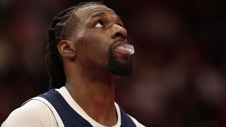 Jan 16, 2026; Houston, Texas, USA;  Minnesota Timberwolves center Naz Reid (11) looks up while he plays against the Houston Rockets in the second half at Toyota Center.