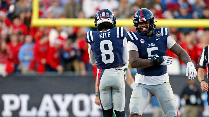Mississippi Rebels defensive lineman Kam Franklin reacts with defensive back Antonio Kite. Mandatory Credit: Petre Thomas-Imagn Images Mississippi Rebels defensive lineman Kam Franklin reacts with defensive back Antonio Kite. Mandatory Credit: Petre Thomas-Imagn Images