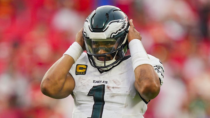 Sep 14, 2025; Kansas City, Missouri, USA; Philadelphia Eagles quarterback Jalen Hurts (1) reacts during the second half against the Kansas City Chiefs at GEHA Field at Arrowhead Stadium. Mandatory Credit: Jay Biggerstaff-Imagn Images