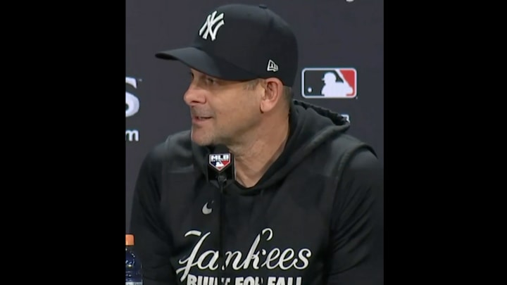 Aaron Boone speaks to reporters after the Yankees were eliminated by the Blue Jays