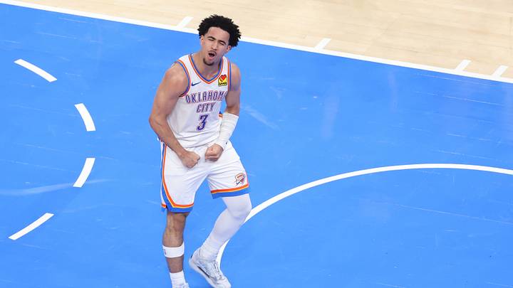 May 26, 2026; Oklahoma City, Oklahoma, USA; Oklahoma City Thunder guard Jared McCain (3) reacts after a basket during the fourth quarter against the San Antonio Spurs in game five of the western conference finals for the 2026 NBA playoffs at Paycom Center. Mandatory Credit: Brett Rojo-Imagn Images May 26, 2026; Oklahoma City, Oklahoma, USA; Oklahoma City Thunder guard Jared McCain (3) reacts after a basket during the fourth quarter against the San Antonio Spurs in game five of the western conference finals for the 2026 NBA playoffs at Paycom Center. Mandatory Credit: Brett Rojo-Imagn Images