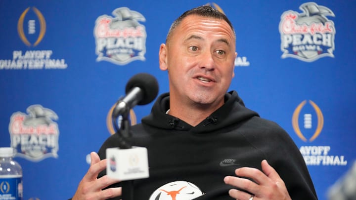 Texas head coach Steve Sarkisian answers questions during media day for the Chick-fil-A Peach Bowl in Atlanta on Monday, Dec. 30, 2024.