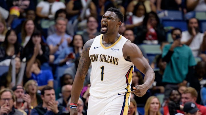 Mar 11, 2025; New Orleans, Louisiana, USA; New Orleans Pelicans forward Zion Williamson (1) reacts after a dunk against the Los Angeles Clippers during the fourth quarter at Smoothie King Center. Mandatory Credit: Matthew Hinton-Imagn Images