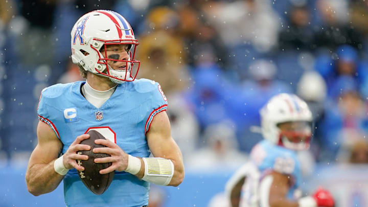 Tennessee Titans quarterback Will Levis (8) looks for a receiver during the first quarter against the Houston Texans at Nissan Stadium in Nashville, Tenn., Sunday, Jan. 5, 2025. Tennessee Titans quarterback Will Levis (8) looks for a receiver during the first quarter against the Houston Texans at Nissan Stadium in Nashville, Tenn., Sunday, Jan. 5, 2025.
