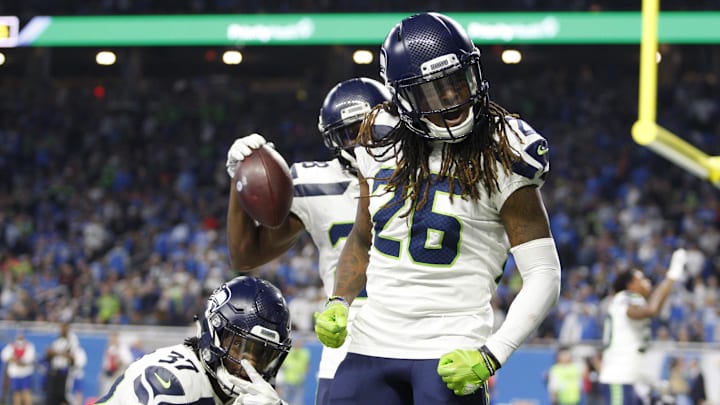 Oct 28, 2018; Detroit, MI, USA; (Left to right) Seattle Seahawks cornerback Tre Flowers (37) cornerback Justin Coleman (28) and cornerback Shaquill Griffin (26) celebrate after a turnover during the fourth quarter against the Detroit Lions at Ford Field. Oct 28, 2018; Detroit, MI, USA; (Left to right) Seattle Seahawks cornerback Tre Flowers (37) cornerback Justin Coleman (28) and cornerback Shaquill Griffin (26) celebrate after a turnover during the fourth quarter against the Detroit Lions at Ford Field.