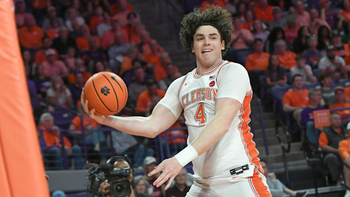 Mar 8, 2025; Clemson, SC, USA;  Clemson senior forward Ian Schieffelin (4) saves a ball from going out of bounds playing Virginia Tech, during the first half at Littlejohn Coliseum in Clemson, S.C Saturday, March 8, 2025.  Mandatory Credit: Ken Ruinard/USA TODAY Network via Imagn Images 