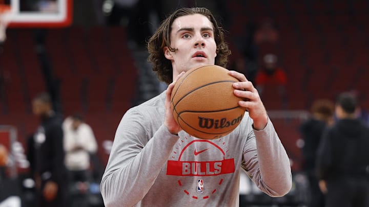 Nov 4, 2025; Chicago, Illinois, USA; Chicago Bulls guard Josh Giddey (3) warms up before an NBA game against the Philadelphia 76ers at United Center. Mandatory Credit: Kamil Krzaczynski-Imagn Images