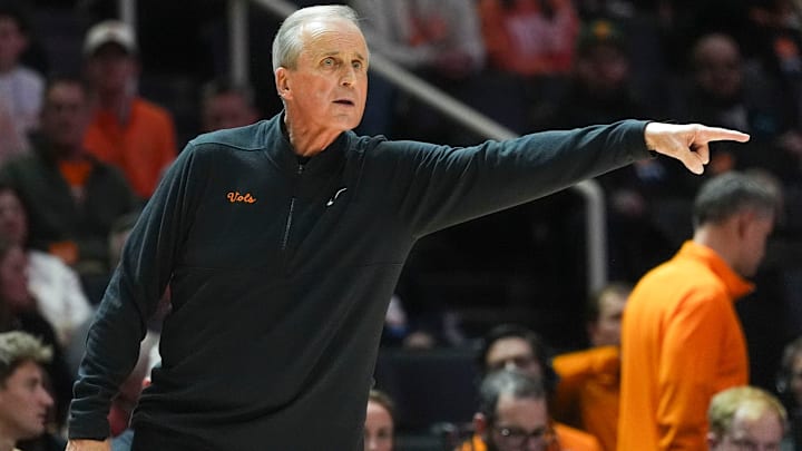 Tennessee coach Rick Barnes points during a NCAA basketball game between Tennessee and Texas A&M at Thompson-Boling Arena at Food City Center in Knoxville, Tenn., on Jan. 13, 2026.