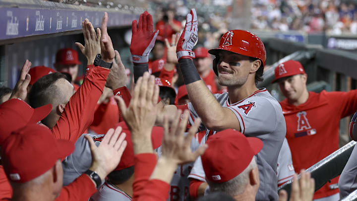 Mar 27, 2026; Houston, Texas, USA; Los Angeles Angels left fielder Josh Lowe (3) celebrates with teammates after hitting a home run during the second inning against the Houston Astros at Daikin Park. Mandatory Credit: Troy Taormina-Imagn Images
