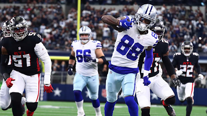 Nov 14, 2021; Arlington, Texas, USA; Dallas Cowboys receiver CeeDee Lamb (88) runs with the ball after a reception in the first quarter against the Atlanta Falcons at AT&T Stadium. Mandatory Credit: Matthew Emmons-Imagn Images