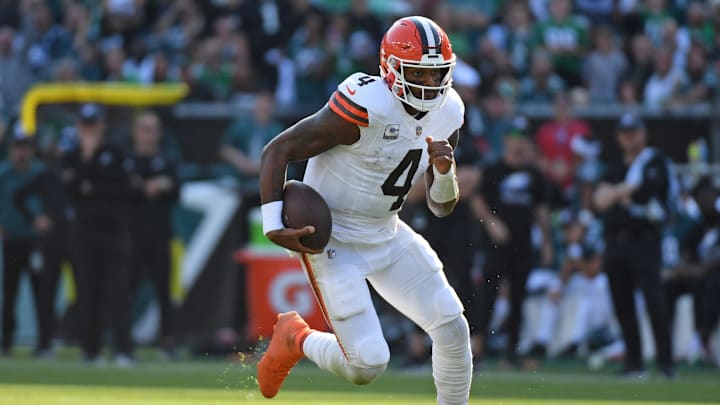 Oct 13, 2024; Philadelphia, Pennsylvania, USA; Cleveland Browns quarterback Deshaun Watson (4) runs with the football against the Philadelphia Eagles at Lincoln Financial Field.