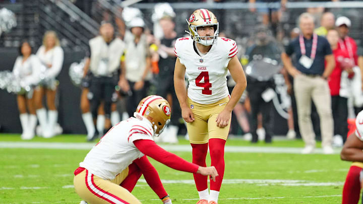 Aug 16, 2025; Paradise, Nevada, USA; San Francisco 49ers place kicker Jake Moody (4) prepares to attempt a field goal against the Las Vegas Raiders near the end of regulation at Allegiant Stadium. Mandatory Credit: Stephen R. Sylvanie-Imagn Images Aug 16, 2025; Paradise, Nevada, USA; San Francisco 49ers place kicker Jake Moody (4) prepares to attempt a field goal against the Las Vegas Raiders near the end of regulation at Allegiant Stadium. Mandatory Credit: Stephen R. Sylvanie-Imagn Images
