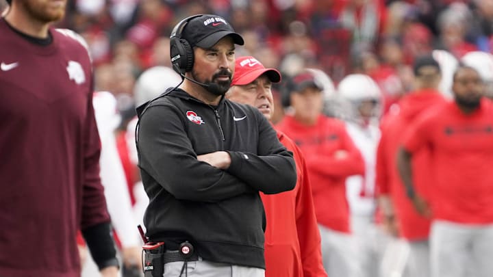 Nov 16, 2024; Chicago, Illinois, USA; Ohio State Buckeyes head coach Ryan Day looks on from the sideline against the Northwestern Wildcats during the first half at Wrigley Field.