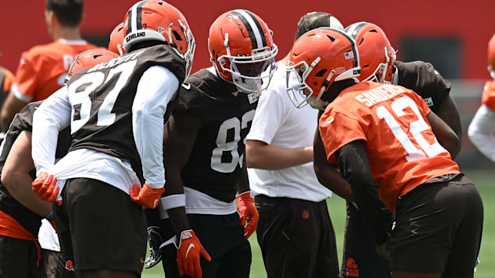 Jun 10, 2025; Berea, OH, USA; Cleveland Browns quarterback Shedeur Sanders (12) calls a play during minicamp at CrossCountry Mortgage Campus. Mandatory Credit: Ken Blaze-Imagn Images