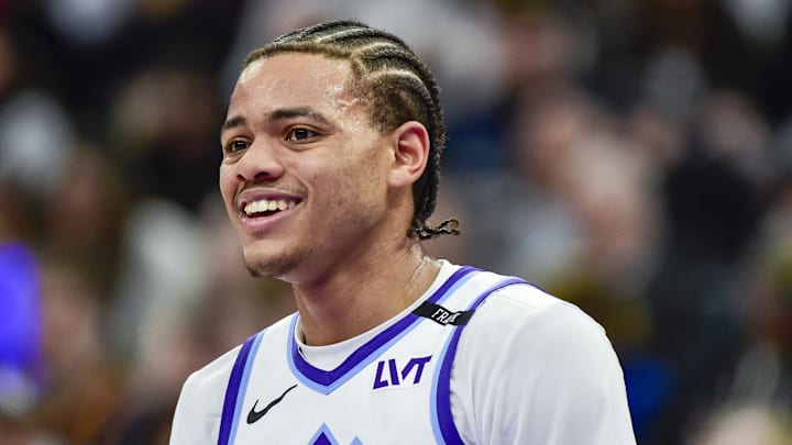 Jan 22, 2026; Salt Lake City, Utah, USA; Utah Jazz guard Keyonte George (3) reacts to a call during the first half against the San Antonio Spurs at Delta Center. Mandatory Credit: Peter Creveling-Imagn Images Jan 22, 2026; Salt Lake City, Utah, USA; Utah Jazz guard Keyonte George (3) reacts to a call during the first half against the San Antonio Spurs at Delta Center. Mandatory Credit: Peter Creveling-Imagn Images