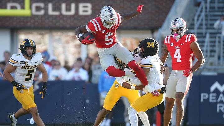 Oct 17, 2026; Oxford, Mississippi, USA; at Vaught-Hemingway Stadium.Mississippi Rebels running back Kewan Lacy (5)is tackled by Missouri Tigers safety Santana Banner (15) and safety Trajen Greco (4) at Vaught-Hemingway Stadium. Mandatory Credit: Petre Thomas-Imagn Images Oct 17, 2026; Oxford, Mississippi, USA; at Vaught-Hemingway Stadium.Mississippi Rebels running back Kewan Lacy (5)is tackled by Missouri Tigers safety Santana Banner (15) and safety Trajen Greco (4) at Vaught-Hemingway Stadium. Mandatory Credit: Petre Thomas-Imagn Images