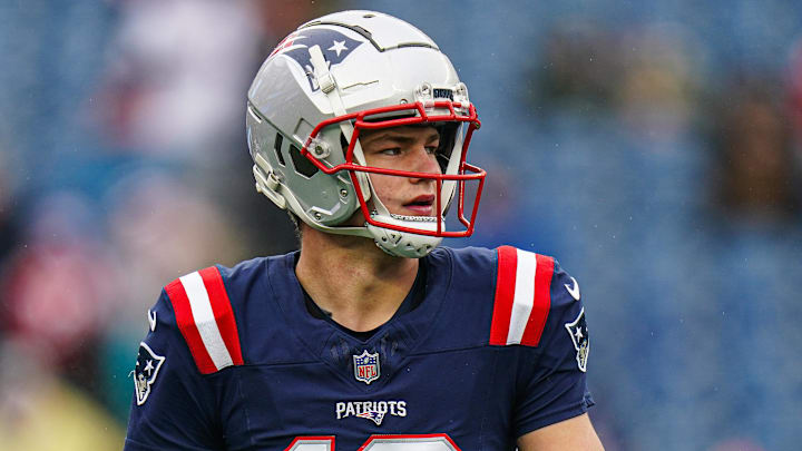 Dec 28, 2024; Foxborough, Massachusetts, USA; New England Patriots quarterback Drake Maye (10) warms up before the start of the game against the Los Angeles Chargers at Gillette Stadium. Mandatory Credit: David Butler II-Imagn Images