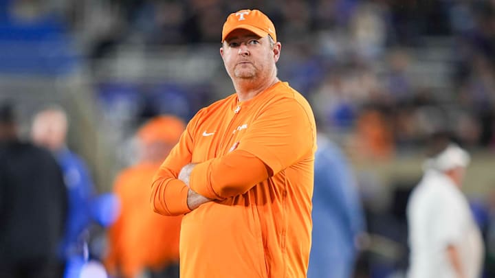 Tennessee coach Josh Heupel during warm-ups for a NCAA football game against Kentucky at Kroger Field in Lexington, Kentucky on Oct. 25, 2025. Tennessee coach Josh Heupel during warm-ups for a NCAA football game against Kentucky at Kroger Field in Lexington, Kentucky on Oct. 25, 2025.