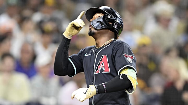 Arizona Diamondbacks shortstop Geraldo Perdomo (2) points skyward after hitting a solo home run during the fifth inning against the San Diego Padres at Petco Park. 