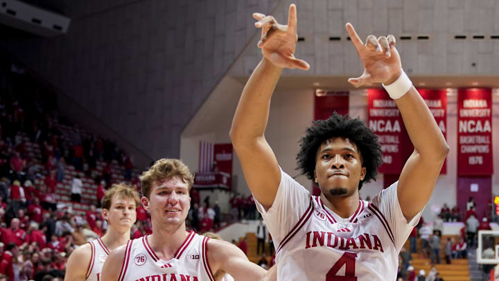 Mar 4, 2026; Bloomington, Indiana, USA; Indiana Hoosiers forward Sam Alexis (4) celebrates after the game against the Minnesota Golden Gophers at Simon Skjodt Assembly Hall. Mandatory Credit: Robert Goddin-Imagn Images