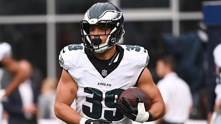 Aug 15, 2024; Foxborough, MA, USA; Philadelphia Eagles running back Will Shipley (39) warms up before a game against the New England Patriots at Gillette Stadium. Mandatory Credit: Eric Canha-Imagn Images