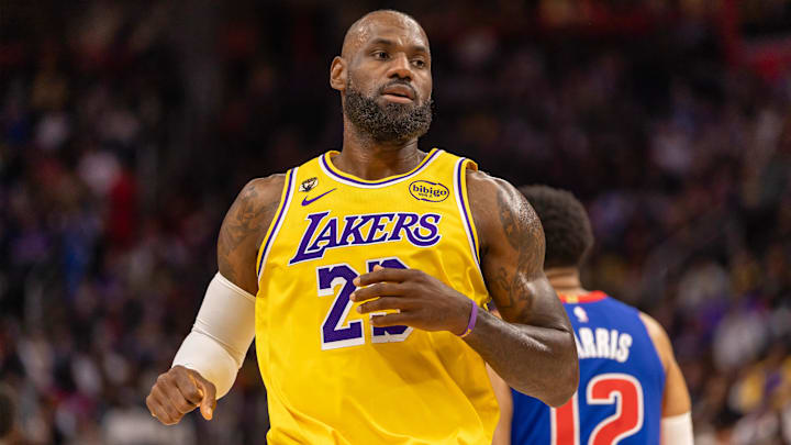 Mar 23, 2026; Detroit, Michigan, USA; Los Angeles Lakers LeBron James (23) runs up court against the Detroit Pistons during the first quarter at Little Caesars Arena. Mandatory Credit: David Reginek-Imagn Images