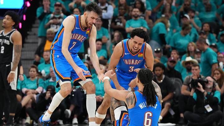 May 22, 2026; San Antonio, Texas, USA; Oklahoma City Thunder center Chet Holmgren (7), guard Jared McCain (3) and forward Jaylin Williams (6) react in the second half during game three of the western conference finals for the 2026 NBA playoffs at Frost Bank Center. Mandatory Credit: Scott Wachter-Imagn Images May 22, 2026; San Antonio, Texas, USA; Oklahoma City Thunder center Chet Holmgren (7), guard Jared McCain (3) and forward Jaylin Williams (6) react in the second half during game three of the western conference finals for the 2026 NBA playoffs at Frost Bank Center. Mandatory Credit: Scott Wachter-Imagn Images