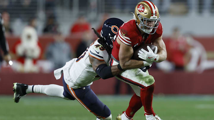 Tremaine Edmunds tries to drag down Christian McCaffrey in the 49ers' win over the Bears Sunday night. Tremaine Edmunds tries to drag down Christian McCaffrey in the 49ers' win over the Bears Sunday night.