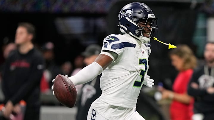 Seattle Seahawks safety Nick Emmanwori celebrates an interception against the Atlanta Falcons during the second half of an NFL football game, Sunday, Dec. 7, 2025, in Atlanta. Seattle Seahawks safety Nick Emmanwori celebrates an interception against the Atlanta Falcons during the second half of an NFL football game, Sunday, Dec. 7, 2025, in Atlanta.
