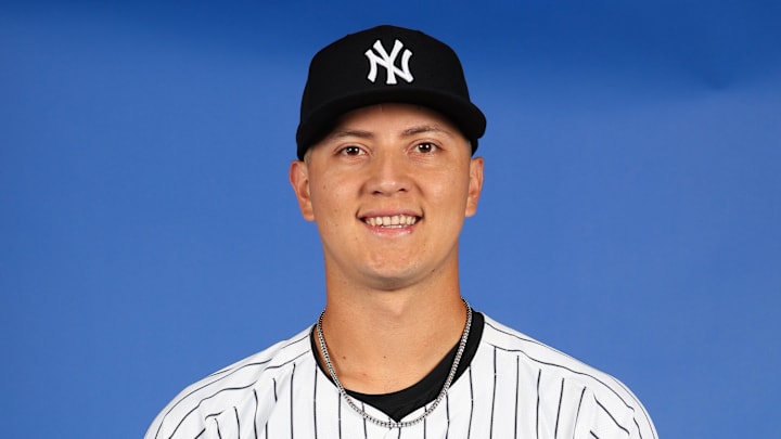 Feb 18, 2025; Tampa, FL, USA; New York Yankees player Rafael Flores (82) poses for a portrait during the  Photo Day at George M. Steinbrenner Field. Mandatory Credit: New York Yankees via Imagn Images