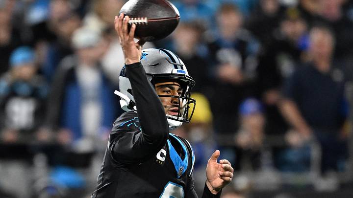 Carolina Panthers quarterback Bryce Young (9) passes the ball in the fourth quarter 