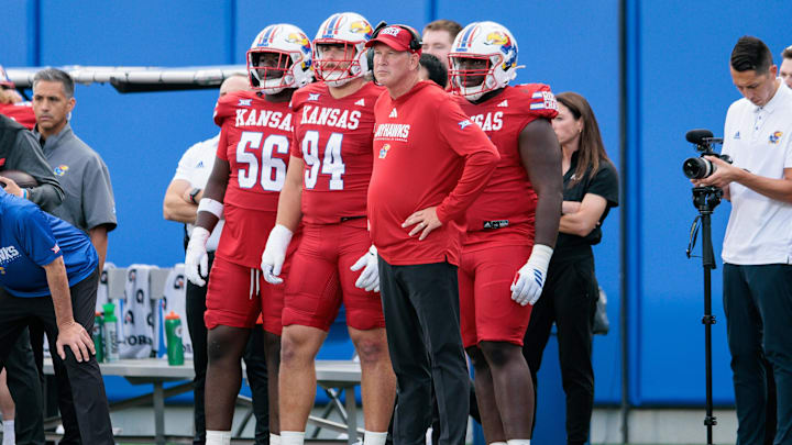 Aug 29, 2025; Lawrence, Kansas, USA; Kansas Jayhawks coach Lance Leipold watches play during the first half against the Wagner Seahawks at David Booth Kansas Memorial Stadium. Mandatory Credit: William Purnell-Imagn Images