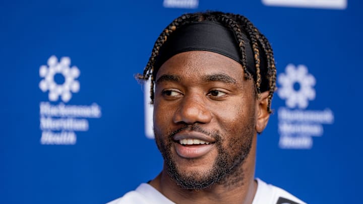 Bobby Okereke, inside linebacker with the NY Giants, speaks to the press after a practice at Quest Diagnostics Training Center, East Rutherford, NJ, May 28, 2025.