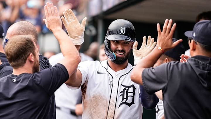 Detroit Tigers designated hitter Riley Greene (31) celebrates scoring a run against Tampa Bay Rays during the eighth inning at Comerica Park in Detroit on Thursday, Sept. 26, 2024. Detroit Tigers designated hitter Riley Greene (31) celebrates scoring a run against Tampa Bay Rays during the eighth inning at Comerica Park in Detroit on Thursday, Sept. 26, 2024.