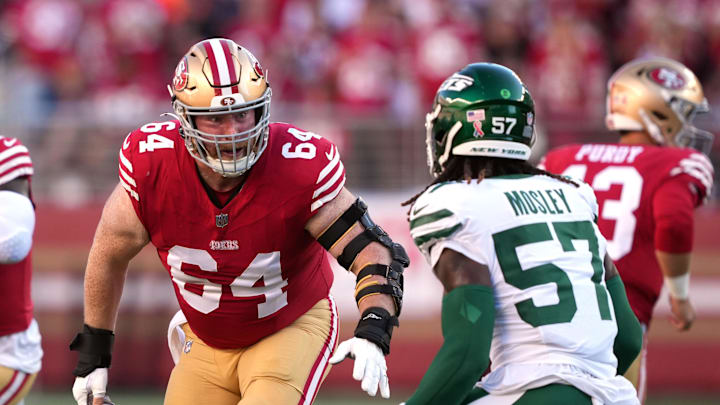 Sep 9, 2024; Santa Clara, California, USA; San Francisco 49ers center Jake Brendel (64) blocks New York Jets linebacker C.J. Mosley (57) during the first quarter at Levi's Stadium. 