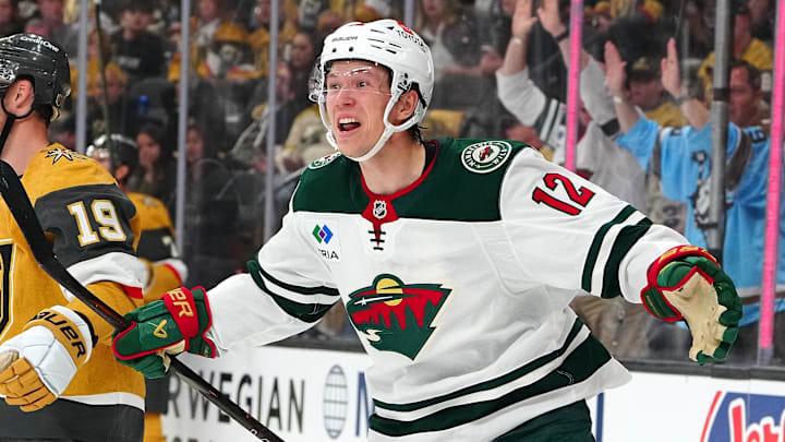 Apr 20, 2025; Las Vegas, Nevada, USA; Minnesota Wild left wing Matt Boldy (12) celebrates after scoring a goal against the Vegas Golden Knights during the first period of game one of the first round of the 2025 Stanley Cup Playoffs at T-Mobile Arena. Mandatory Credit: Stephen R. Sylvanie-Imagn Images Apr 20, 2025; Las Vegas, Nevada, USA; Minnesota Wild left wing Matt Boldy (12) celebrates after scoring a goal against the Vegas Golden Knights during the first period of game one of the first round of the 2025 Stanley Cup Playoffs at T-Mobile Arena. Mandatory Credit: Stephen R. Sylvanie-Imagn Images