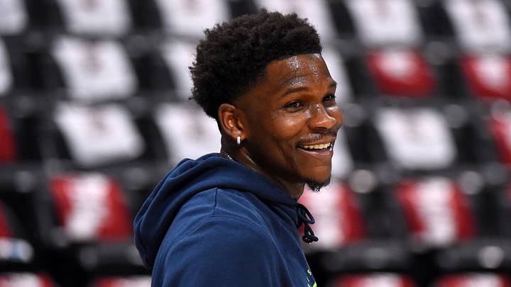 Apr 18, 2026; Denver, Colorado, USA; Minnesota Timberwolves guard Anthony Edwards (5) warms up before the game against the Denver Nuggets during game one of the first round of the 2026 NBA Playoffs at Ball Arena. Mandatory Credit: Christopher Hanewinckel-Imagn Images