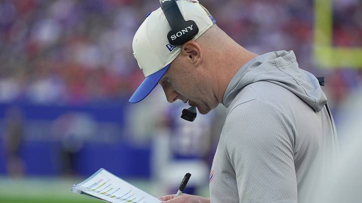 Buffalo Bills' head coach Joe Brady looks down at his play-call sheet during first-half action of the Bills' preseason game against the Pittsburgh Steelers at Highmark Stadium on Aug. 27, 2026, in Orchard Park, New York. Buffalo Bills' head coach Joe Brady looks down at his play-call sheet during first-half action of the Bills' preseason game against the Pittsburgh Steelers at Highmark Stadium on Aug. 27, 2026, in Orchard Park, New York.
