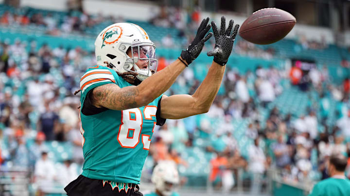 Miami Dolphins wide receiver Chase Claypool (83) warms up prior to the game against the Dallas Cowboys at Hard Rock Stadium in the 2023 season.