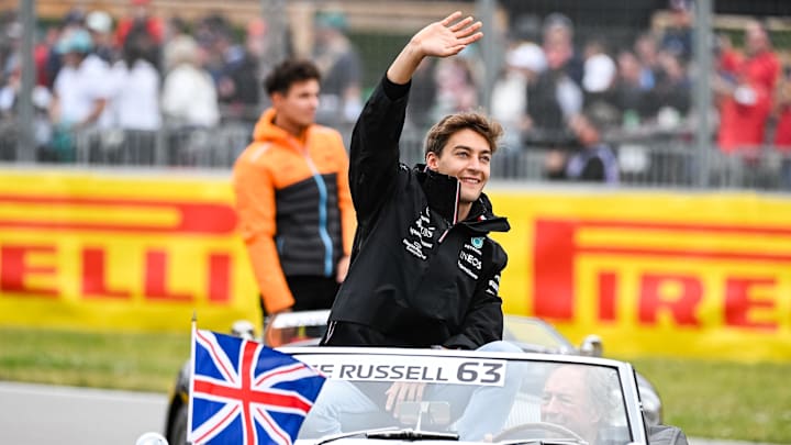 Jun 18, 2023; Montreal, Quebec, CAN; Mercedes driver George Russell (GBR) parades and salutes the
