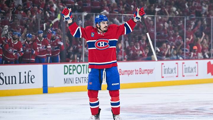 May 16, 2026; Montreal, Quebec, CAN; Montreal Canadiens defenseman Arber Xhekaj (72) reacts after scoring a goal against the Buffalo Sabres during the first period in game six of the second round of the 2026 Stanley Cup Playoffs at Bell Centre. Mandatory Credit: David Kirouac-Imagn Images May 16, 2026; Montreal, Quebec, CAN; Montreal Canadiens defenseman Arber Xhekaj (72) reacts after scoring a goal against the Buffalo Sabres during the first period in game six of the second round of the 2026 Stanley Cup Playoffs at Bell Centre. Mandatory Credit: David Kirouac-Imagn Images